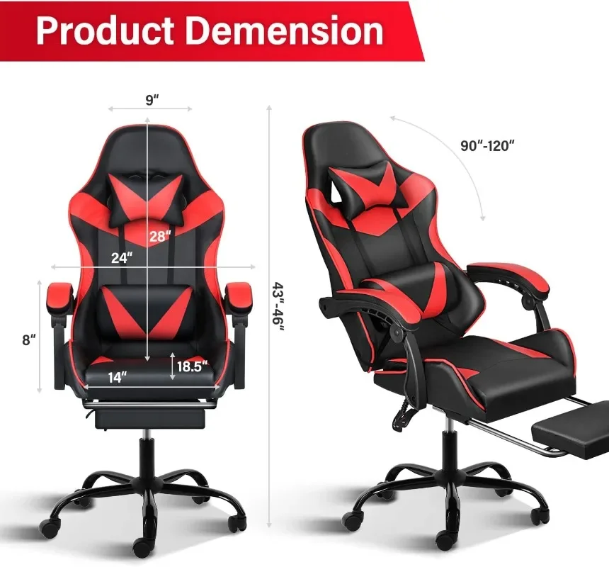 Gaming Chair, Backrest and Seat Height Adjustable Swivel Recliner, Ergonomic Video Game Chair with Footrest and Lumbar Support