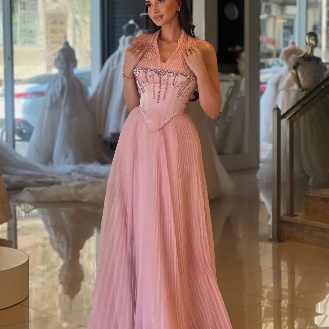 

Pink Halter Beaded Long Bespoke Occasion Gown Evening Dresses Prom Pastrol Unisex Jersey Retro Dubai Saudi Arabic Customized