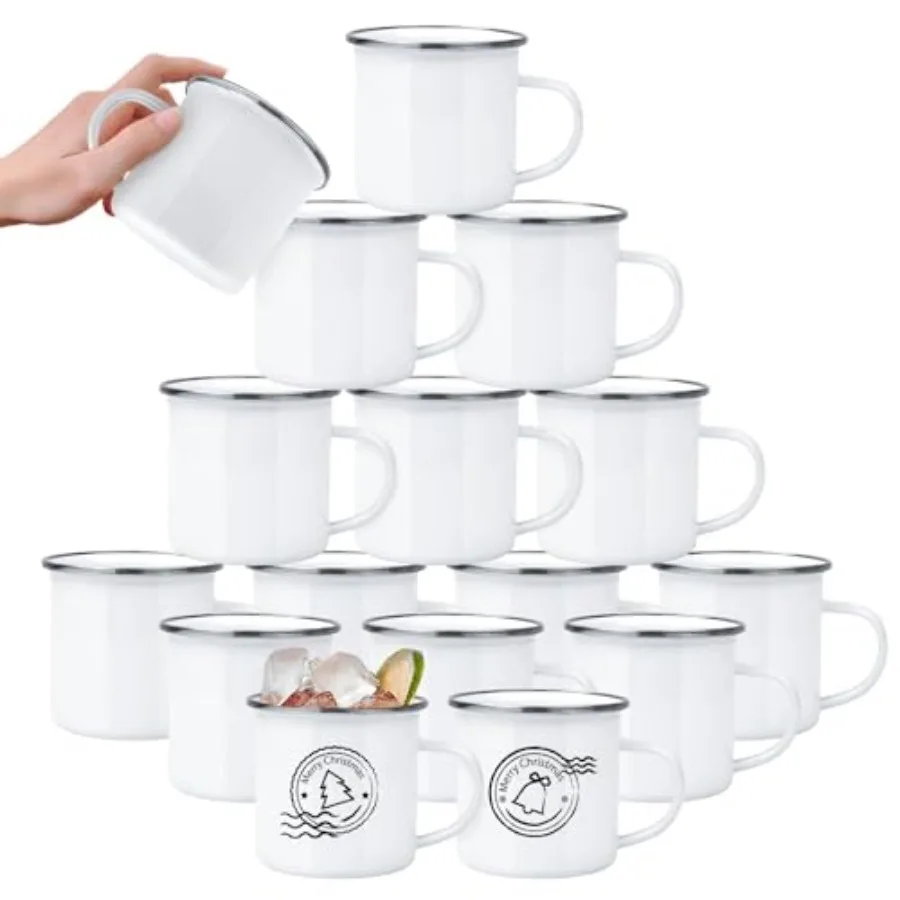 

Набор из 16 заготовок для сублимации: эмалированные кружки для кемпинга, активного отдыха, кофе и путешествий, металлические кружки с серебряным ободком для термопереноса, DIY подарок, белые