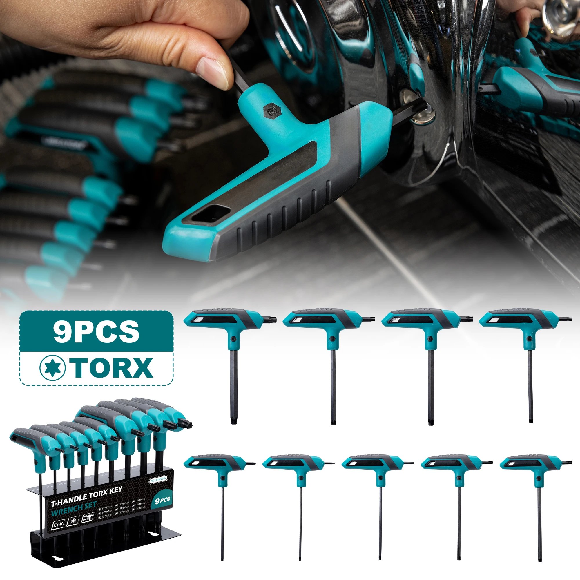 Conjunto de Chaves Torx com Cabo em T de 9 Peças T10-T50, Design de Ponta Dupla, Chave Estrela Torx para Reparo DIY e Automotivo de Bicicletas com Suporte de Armazenamento