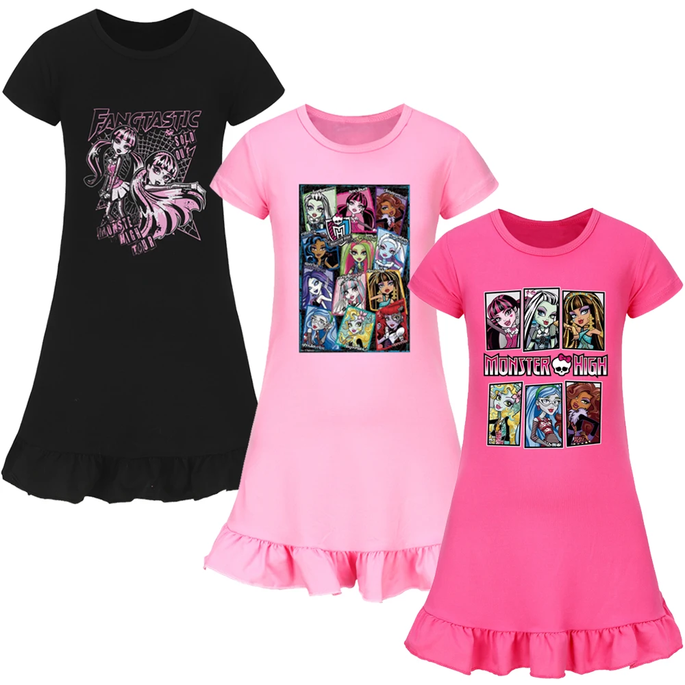 New Monster High Doll Clothes Kids Short Sleeve Sleepwear Girls 2024 Summer Casual Dresses Children Cartoon Draculaura Nightgown