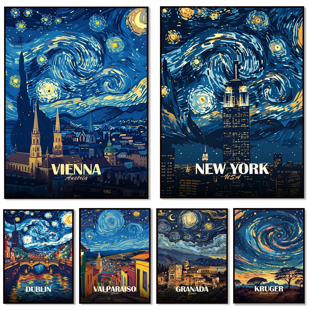 Starry night travel posters for Kruger National Park, Rome, Canada, San Francisco, Tokyo Tower, Valparaiso, New York City, Zuric