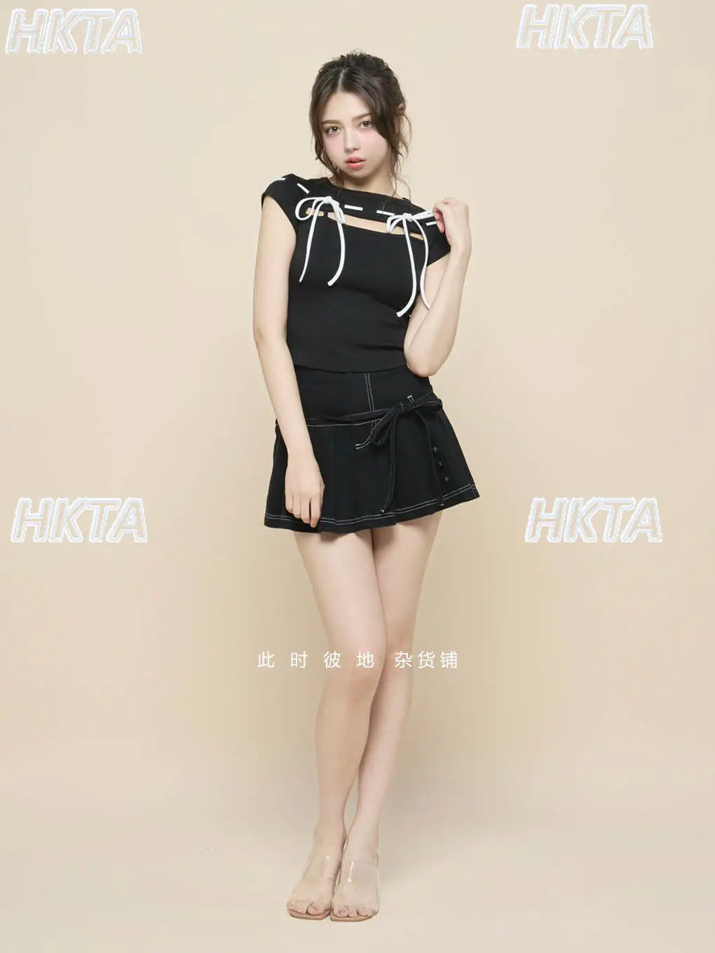 Sweet Cool High Street Contrasting Color Hollow Lace Up Black T Shirt Women Summer New Slim Round Neck Short Top Hot Girl Tshirt