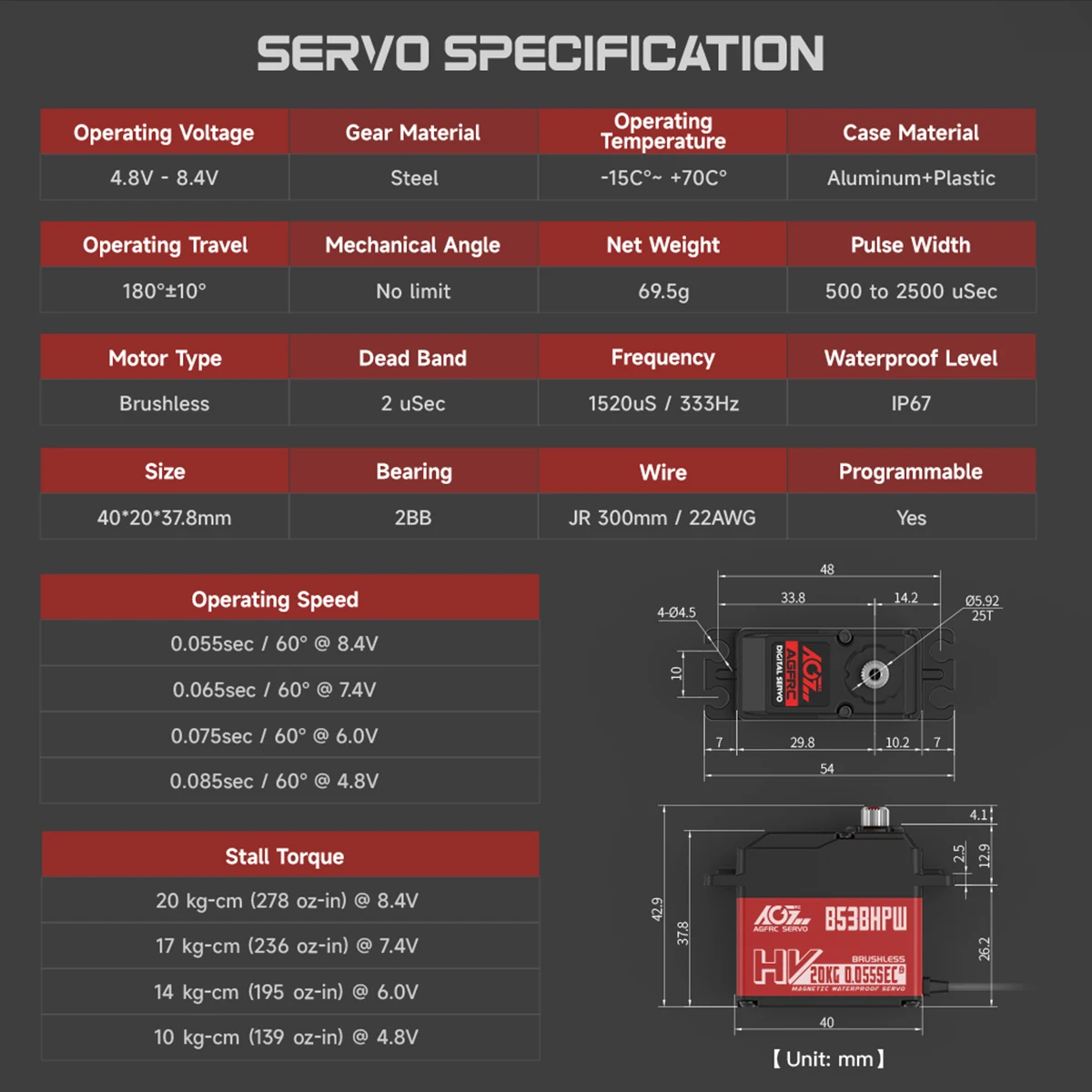 AGFRC Servo B53BHPW HV Super Speed 0.055sec 20KG Brushless Standard IP67 Waterproof Servo For 1/10 RC Car Truck Buggy Airplane view 6