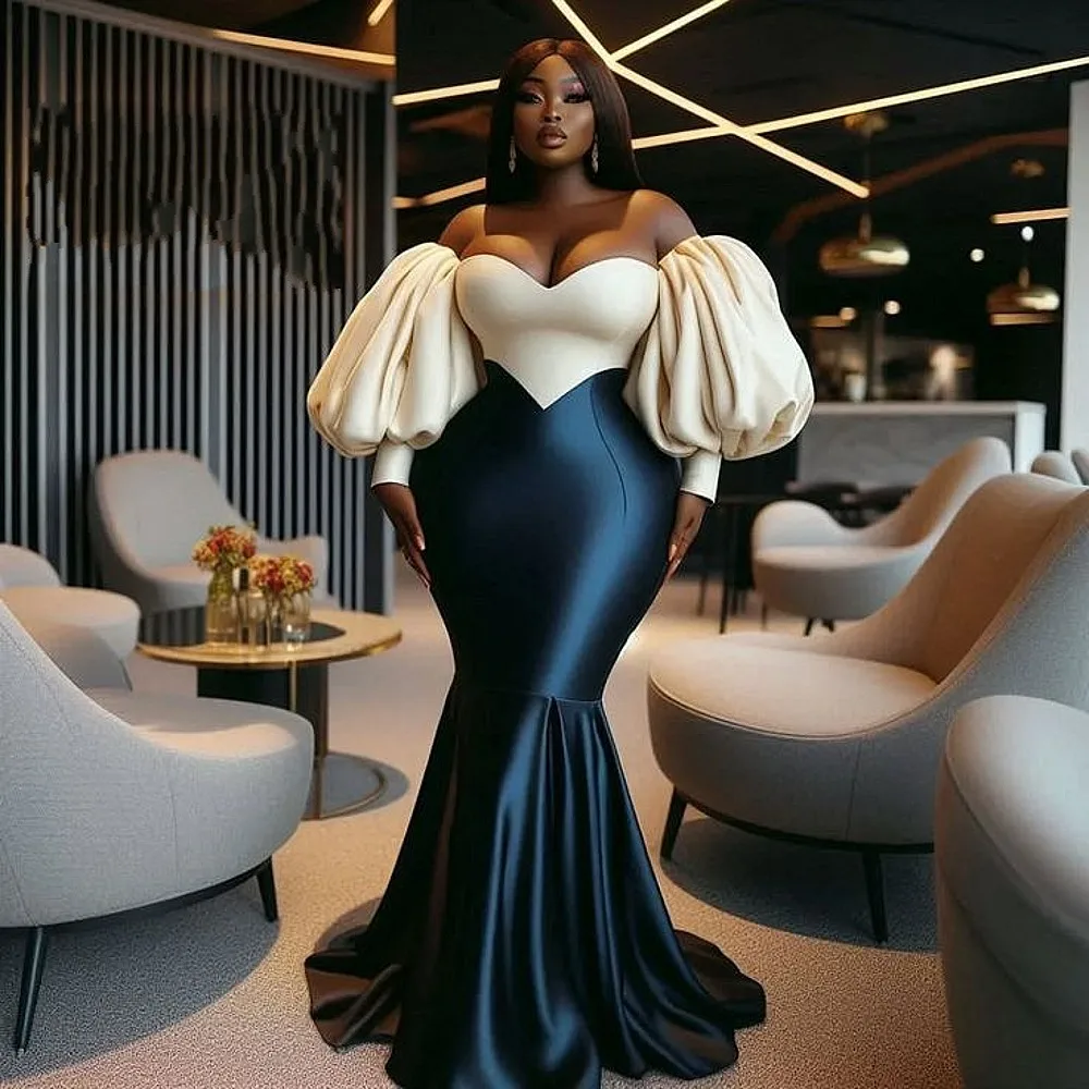

African Mixed Color Plus Size Evening Dresses For African Women Puffy Long Sleeves Prom Dress Trimmed Mermaid Party Gowns