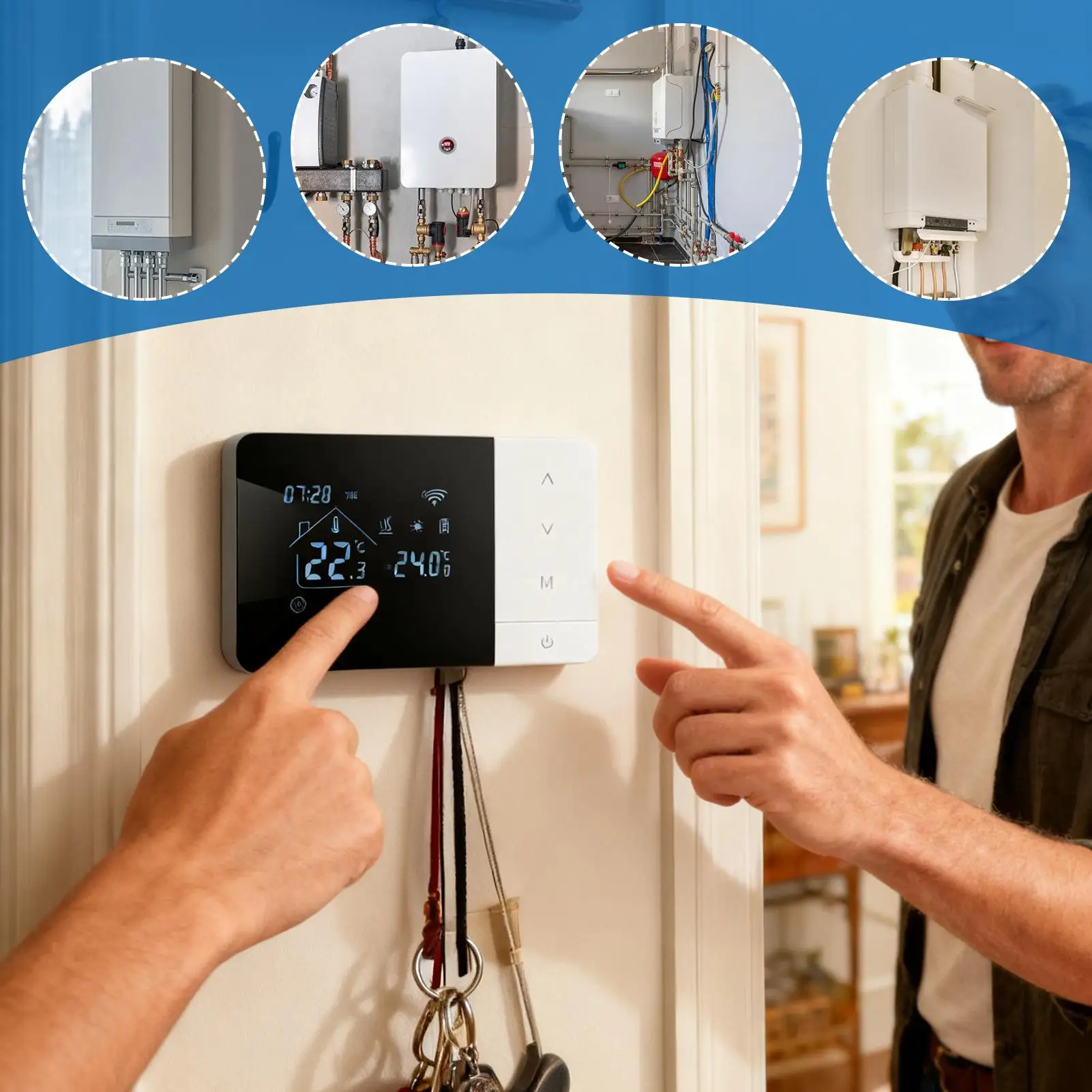 منظمات الحرارة الذكية لتطبيق المنزل التحكم الصوتي واي فاي التدفئة ترموستات تحكم في درجة الحرارة مع شاشة تعمل باللمس للمنزل RV فندق داخلي