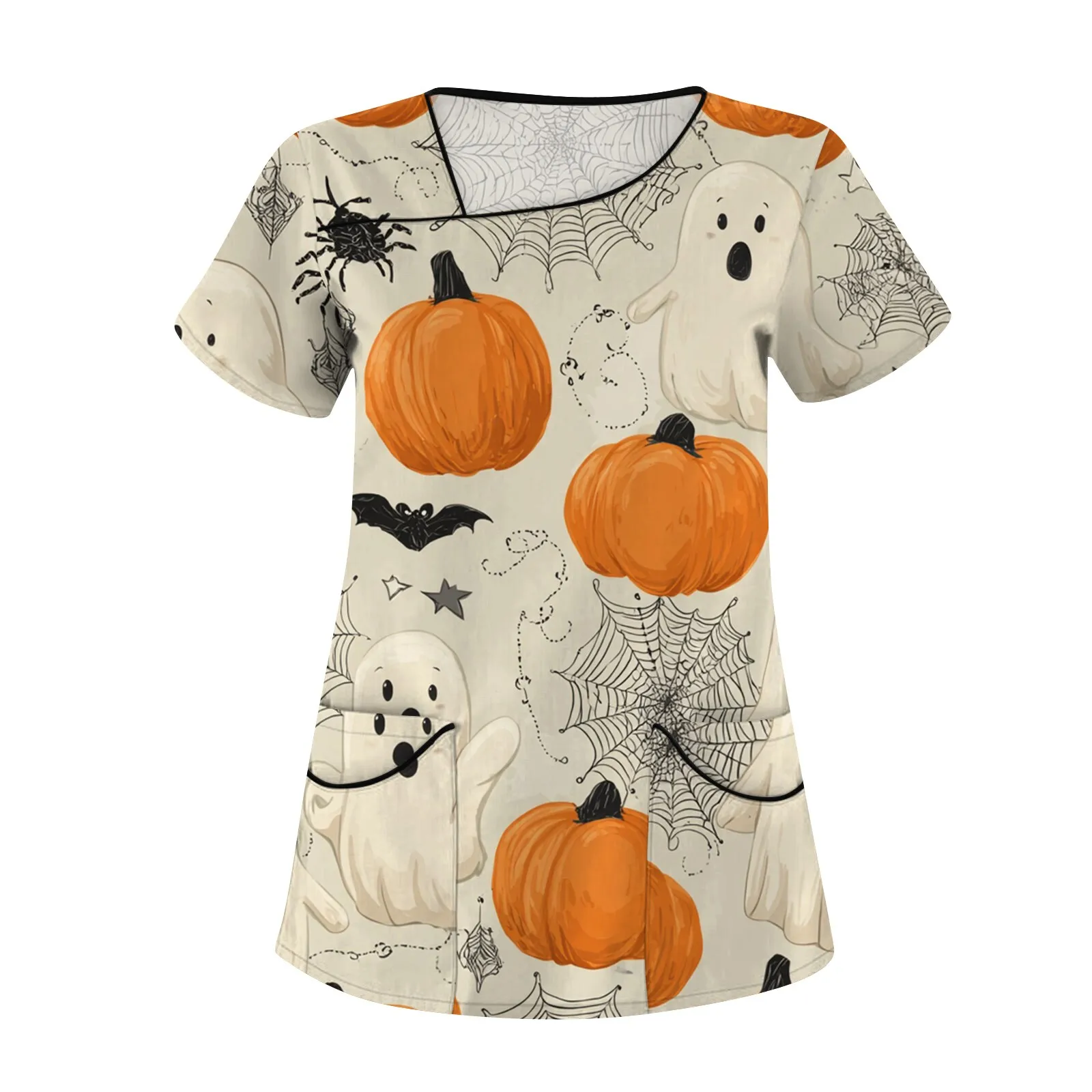 Dames Halloween bedrukte korte mouwen schuine kraag zak voedingstop schoonheidssalon scrubs T-shirts basisverpleeguniform