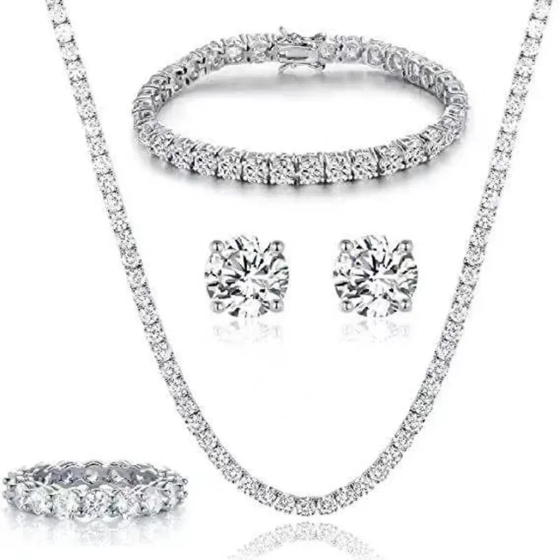 New Ladies Jewelry Set 4 Piece 4mm 3mm Tennis Chain Micro-set Zircon Round Stud Earrings Necklace Bracelet Ring Accessories