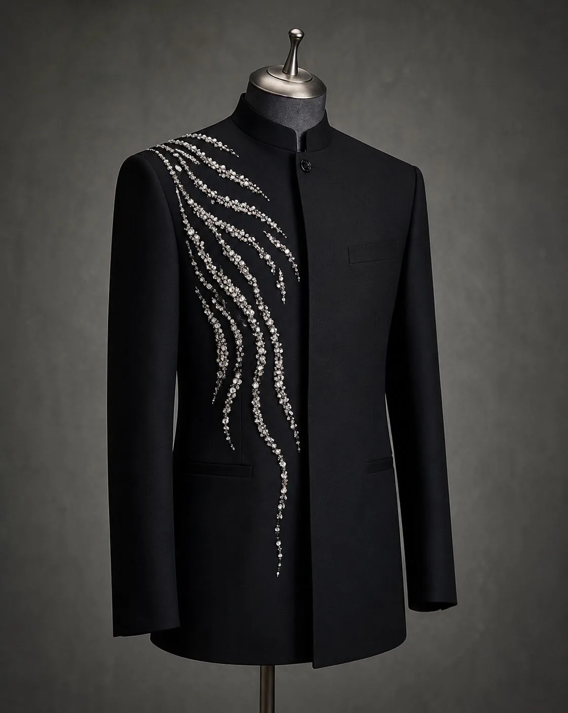 Elegant Black Mandarin Collar Men's Tuxedo Jacket with Asymmetrical Rhinestone Curved Lines Stage Performance Customized M264566 view 3