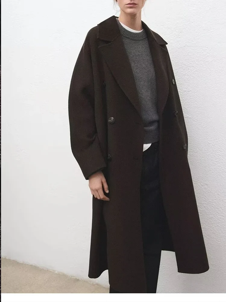 

Новое женское модное и универсальное однотонное двубортное шерстяное пальто в европейском стиле с лацканами.