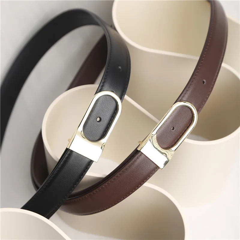 Belt first layer cowhide brown gold buckle thin belt genuine leather women versatile women temperament thin belt women