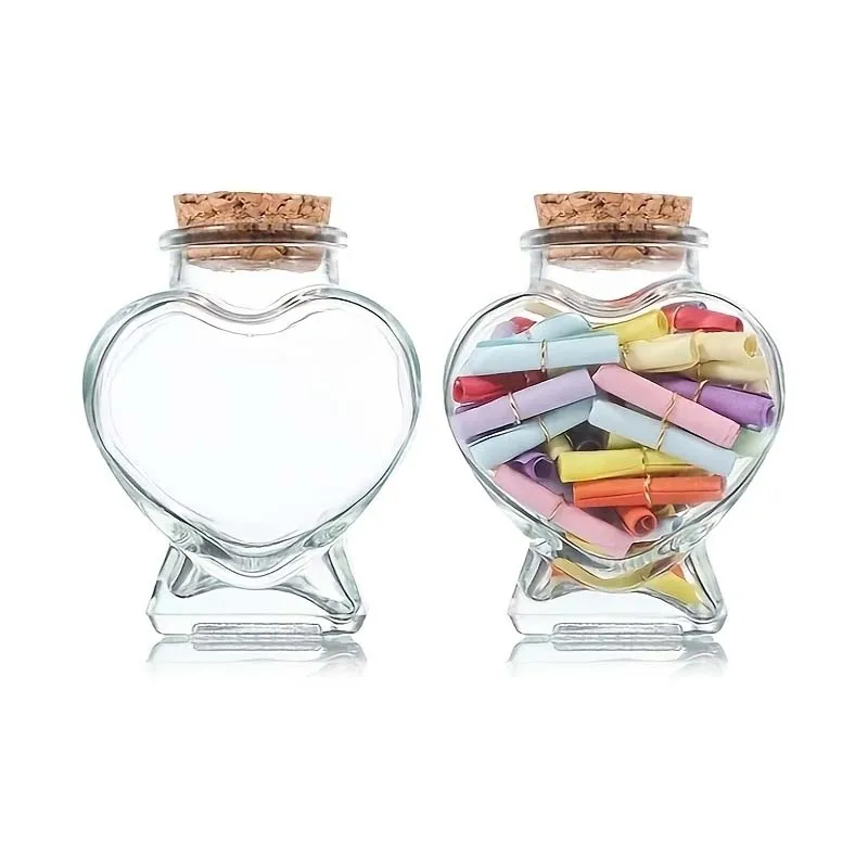 1PC Heart Shaped Glass Bottle Clear Glass Jar with Cork Mini Drifting Bottle for DIY Wishing Drifting Message Bottle Crafts
