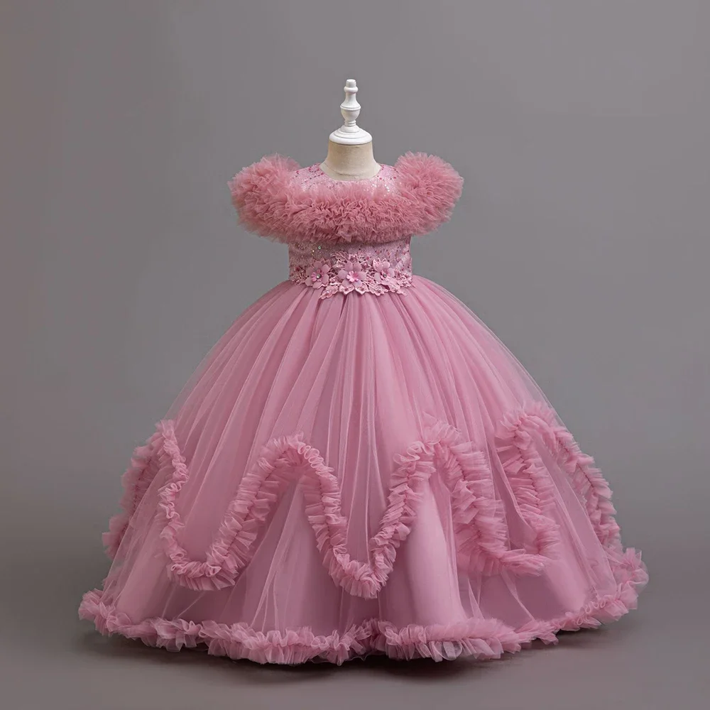 Long Flower Girl Party Dresses For Wedding Guest Kids Bridesmaid Christmas Red Blue Lace Tulle First Communion 5