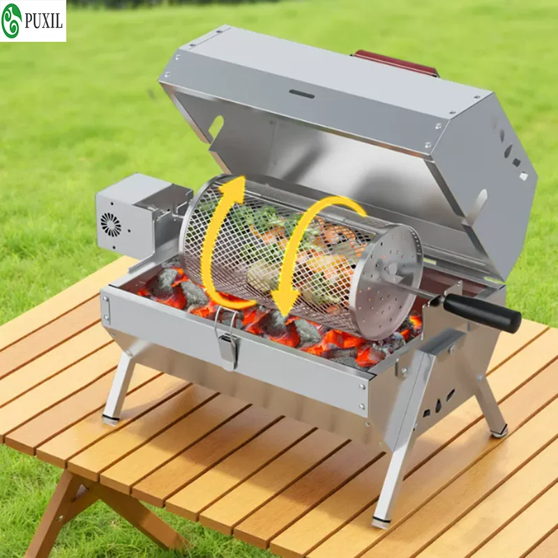 Charcoal electric portable automatic rotating barbecue stove, desktop outdoor stainless steel barbecue stove, suitable for picni
