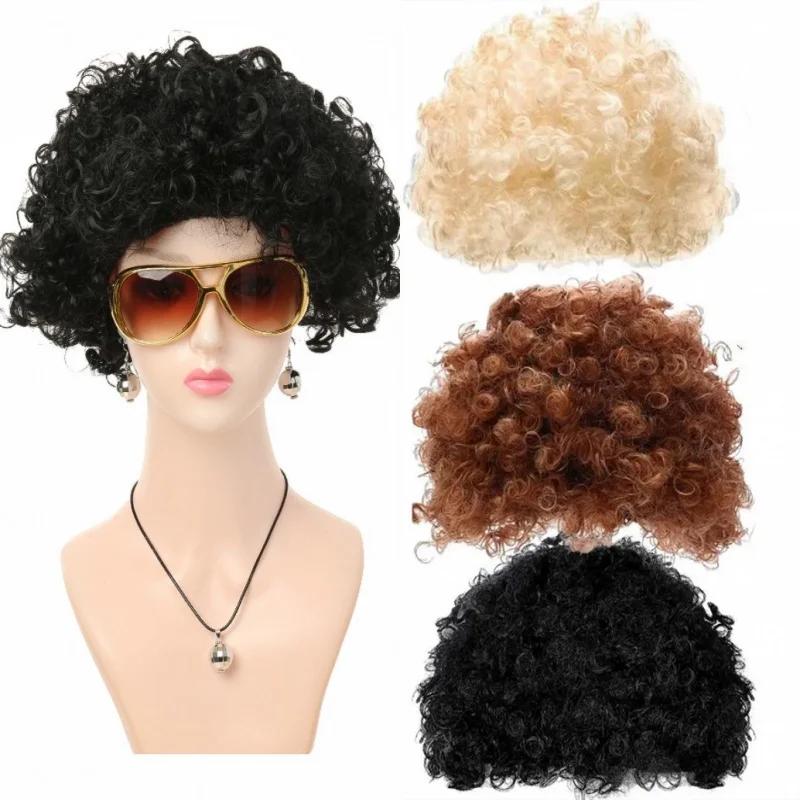 วิกผมสังเคราะห์แบบหยิกฟู หมวกคลุมผมสำหรับผู้ชาย สไตล์แอฟริกัน วิกผมปลอมสำหรับดิสโก้ ฮิปปี้ ร็อค ปาร์ตี้ ฮาโลวีน คอสเพลย์