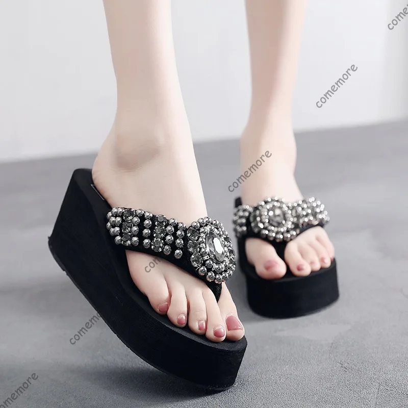 

Rhinestone Beads Wedge Flip Flops Thick Sole Lightweight Platform Sandals Comfortable Slip-On Summer Beach Shoes Pantuflas Mujer