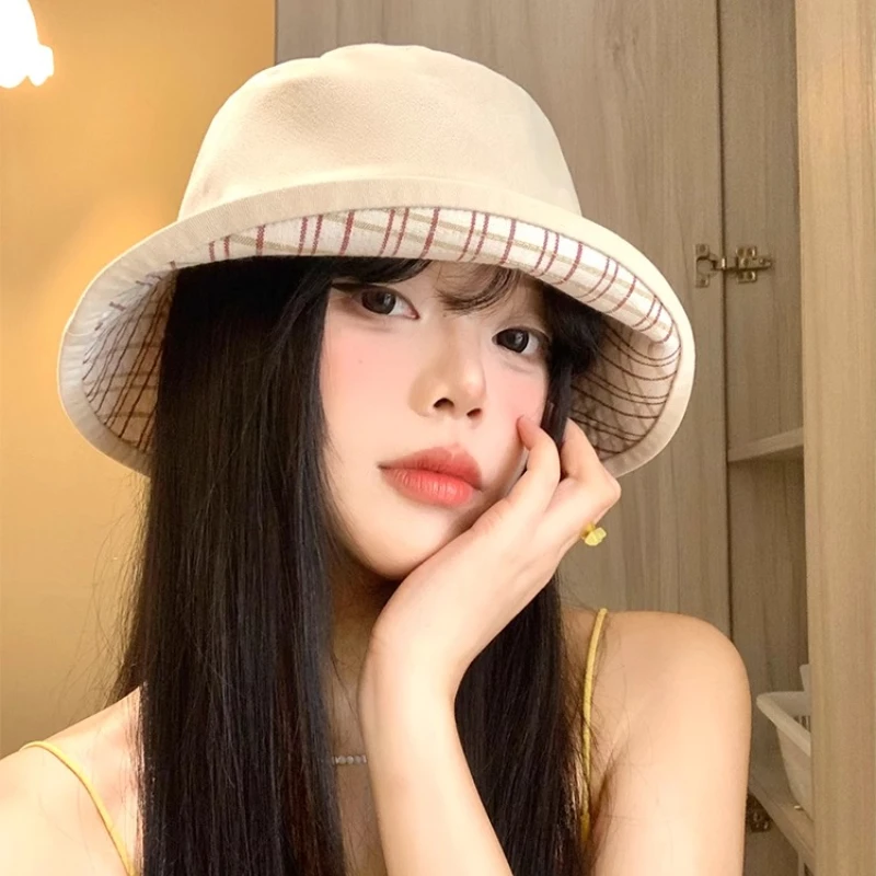 

Harajuku Retro Color Matching Plaid Double-sided Bucket Hats Women Summer Travel Sunscreen Casual Versatile Simple Basin Cap