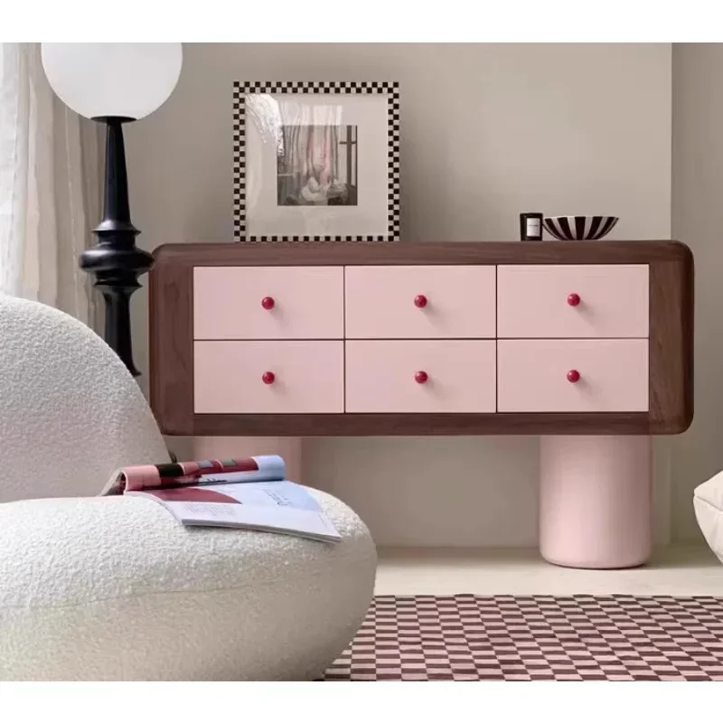 Lindo gabinete de consola de madera, artículos de entrada para el hogar Gabinete de apartamento rosa de seis cajones