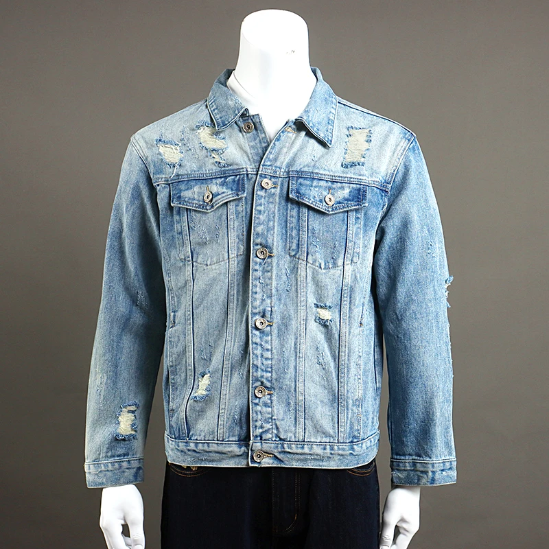 Street Fashion Men Jacket High Quality Retro Blue Denim Jacket Men Ripped Cotton Coats Embroidery Designer Vintage Chaquetas