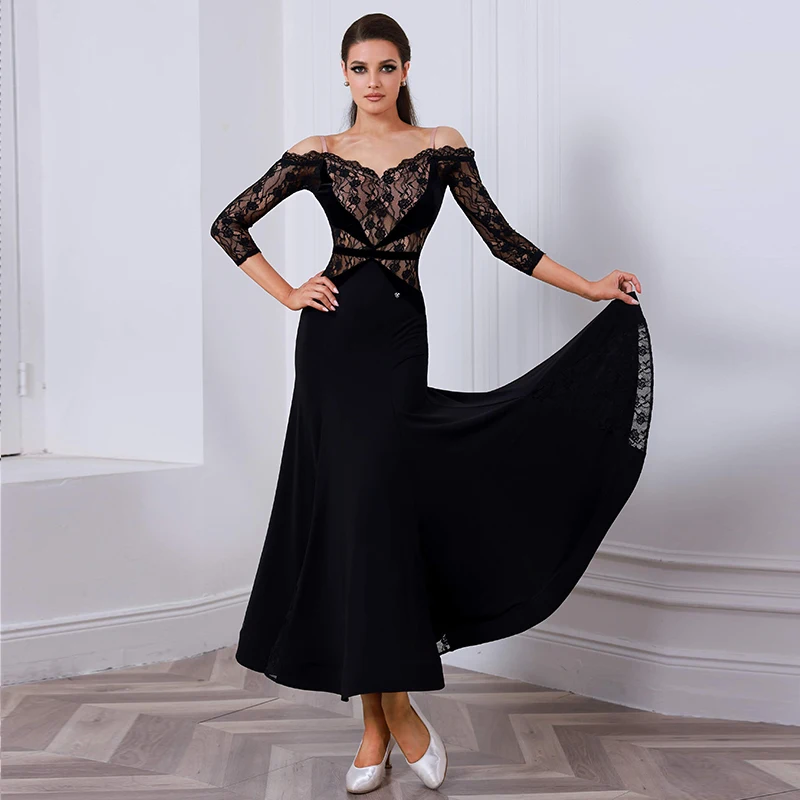 

Ballroom Dance Dress Women Modern Dancing Clothes Standard Waltz Performance Outfit Lace Black Off Shoulder Long Dresses AMY2633