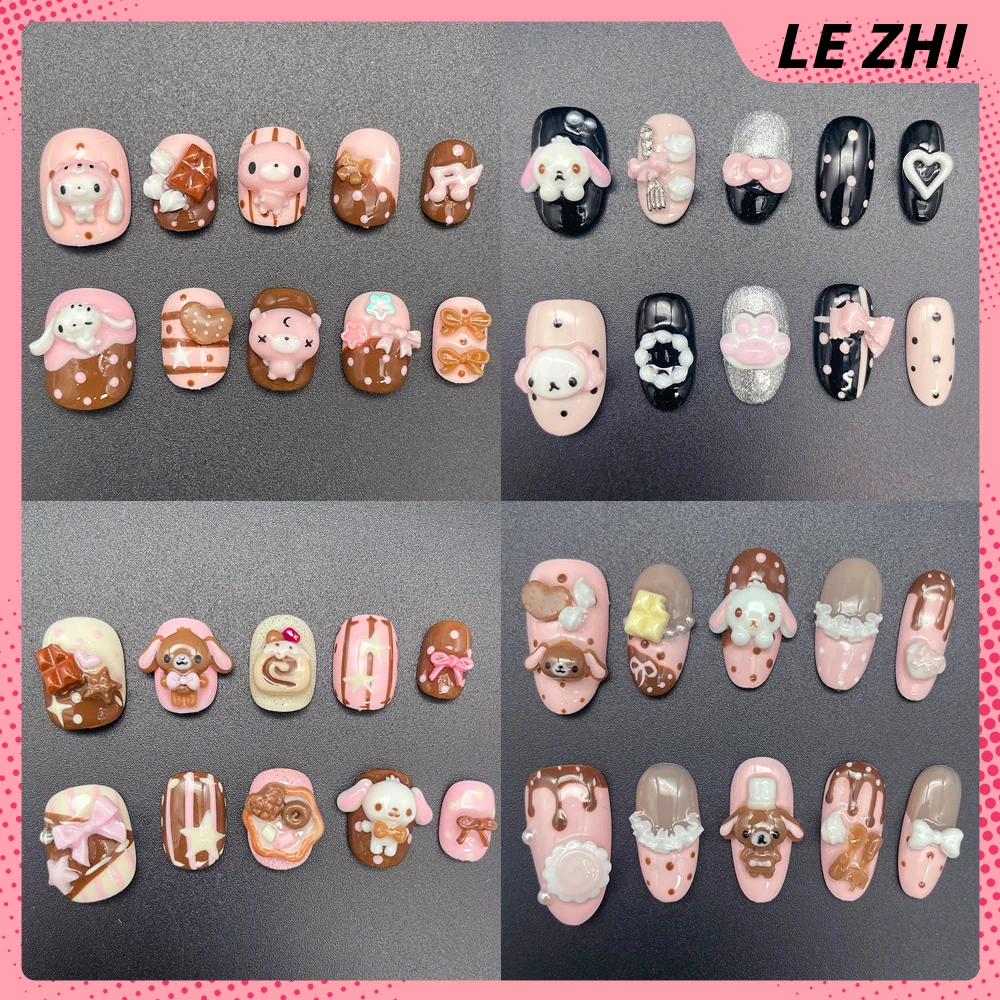 Uñas postizas con diseño de conejo y oso kawaii, crema de chocolate, forma redonda corta, lindas, rosas, dulces, con diseño de galleta, 3D, estilo caricatura.