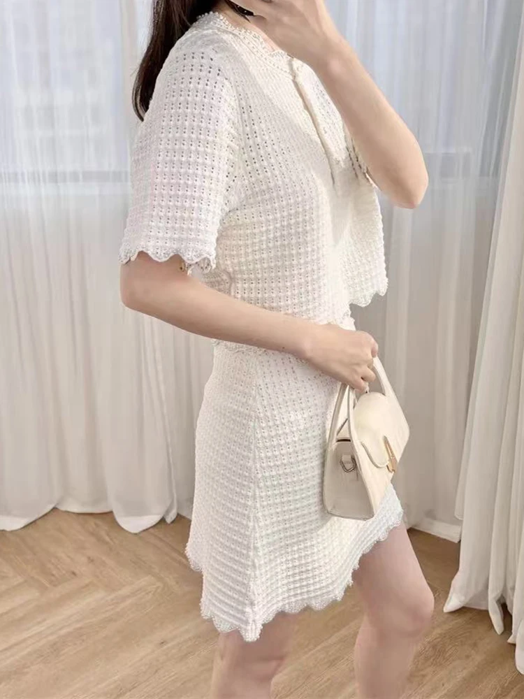 

Summer New Fashion Hollow Out Knit Set Women Elegant O-neck Short Sleeve Tops Or All-match Mini Skirt Ladies 2025
