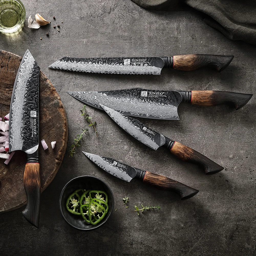

XINZUO 5PCS Knife Set Multi-Purpose Kitchen Knife 67 Layers Damascus Steel Fire-burnished White Oak+Red G10 Handle Cooking Tools