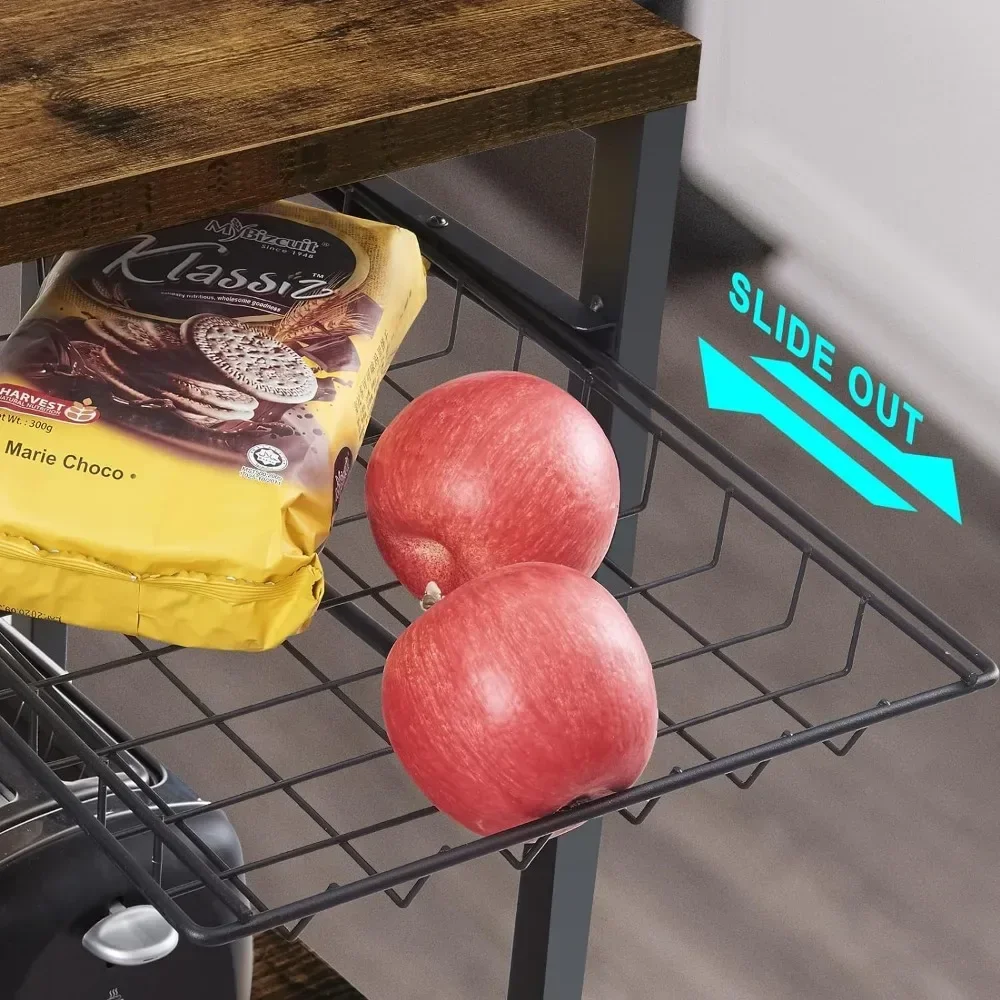 For Bakers Rack with Power Outlet, Microwave Stand, Coffee Bar with Wire Basket, Kitchen Storage Rack with 6 S-Hooks,