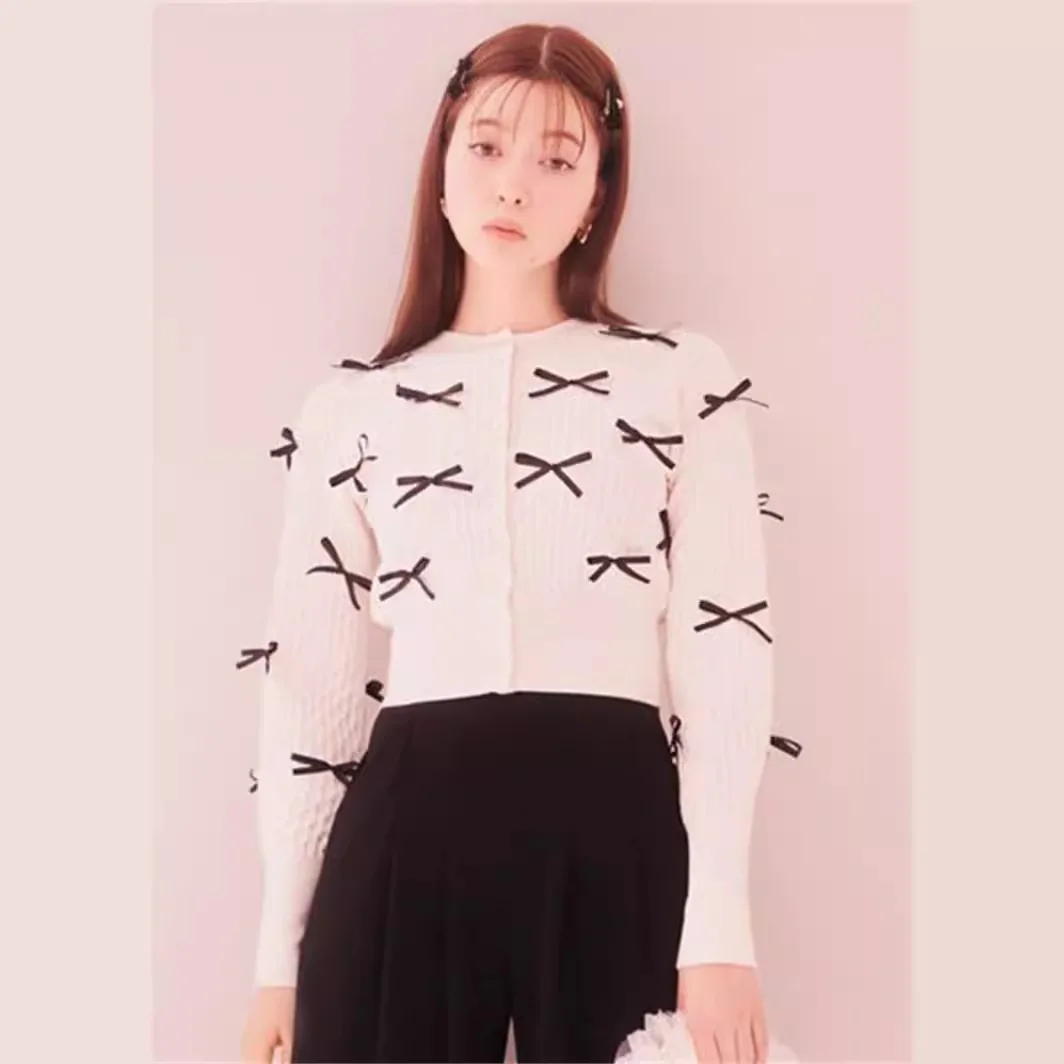 Japanese 2026 New Spring Long Sleeve Knitted Cardigans Top O-neck Single-breasted Elegant Bow Slim Women Knitting Crop Sweater