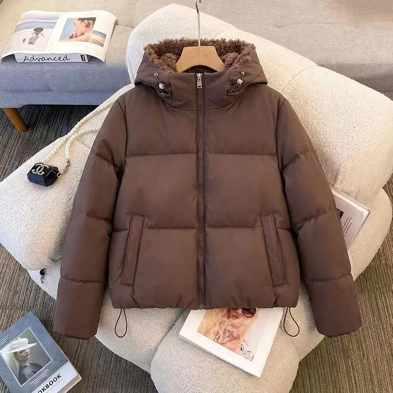 2026 Fashion Hooded Lambswool Women‘s Cotton-Padded Jacket Winter Solid Short Warm Parkas Coat Casual Long Sleeve Outerwear