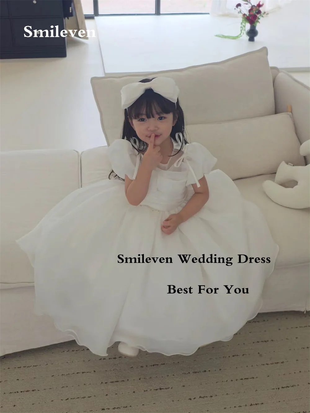 Smileven Ivory Organza Puff Short Sleeve Flower Girl Dresses Round Neck Kids Communion Dress Birthday Party Gowns Customized