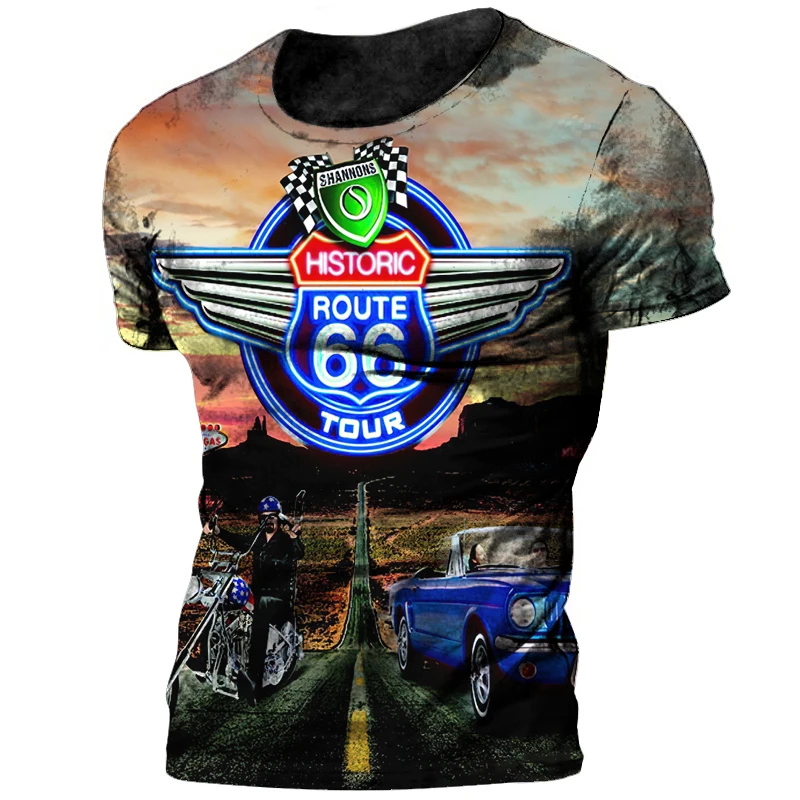 American Retro Men\'s T-shirts 3d Route 66 Print Short Sleeve Tops Modern Girl T Shirt For Mens Motorcycle T-shirts Oversized Tee