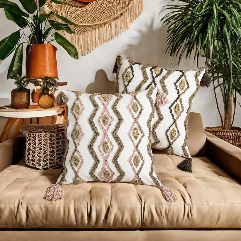 Moroccan Tassel Cushion Cover Geometric Diamond Tufted Cushion Cover Pink Coffee Colored Living Room Bedroom Sofa Pillowcase