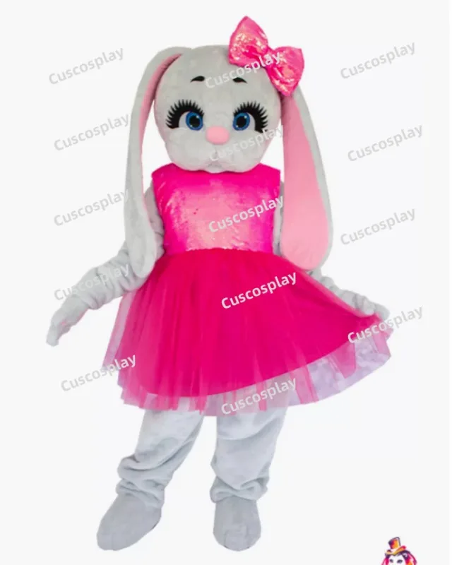 

Cute Hare Rabbit Mascotte Fancy Cartoon Grey Bunny Mascot Costume Plush Fancy Pink Dress Mascot Costume