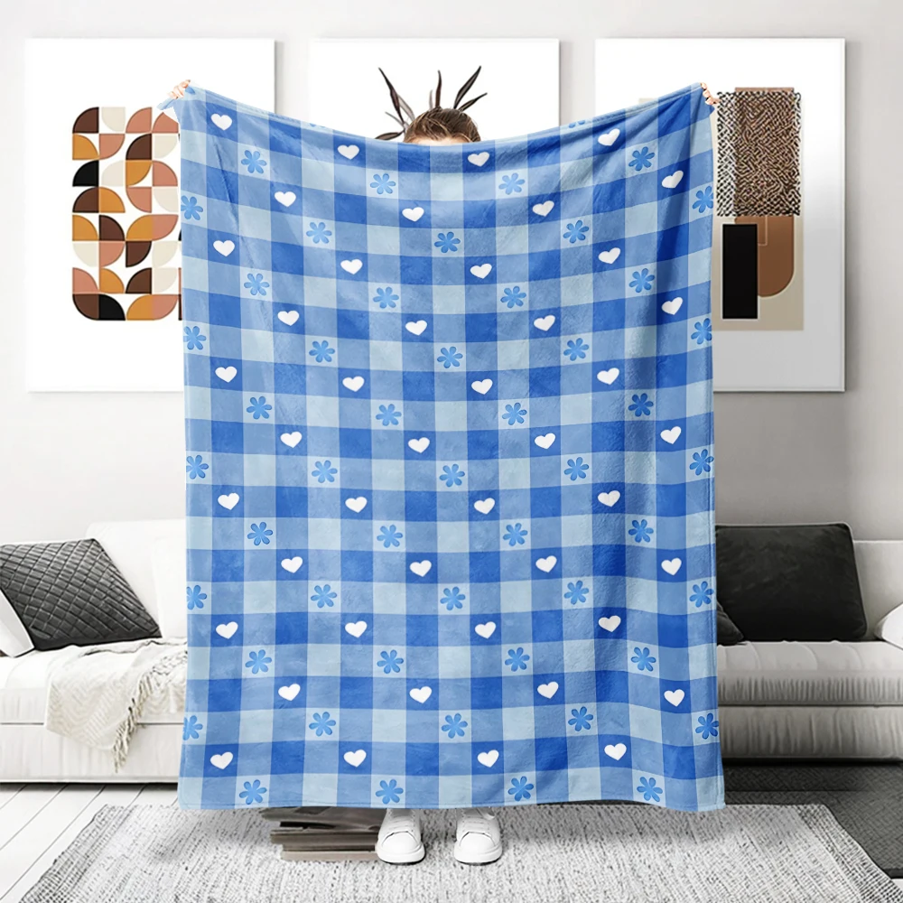 Blue Gingham Hearts Flowers Soft Flannel Blanket Warm Cozy Throw Blanket for Bedroom Living Room Fuzzy Plush Bedspread Gift