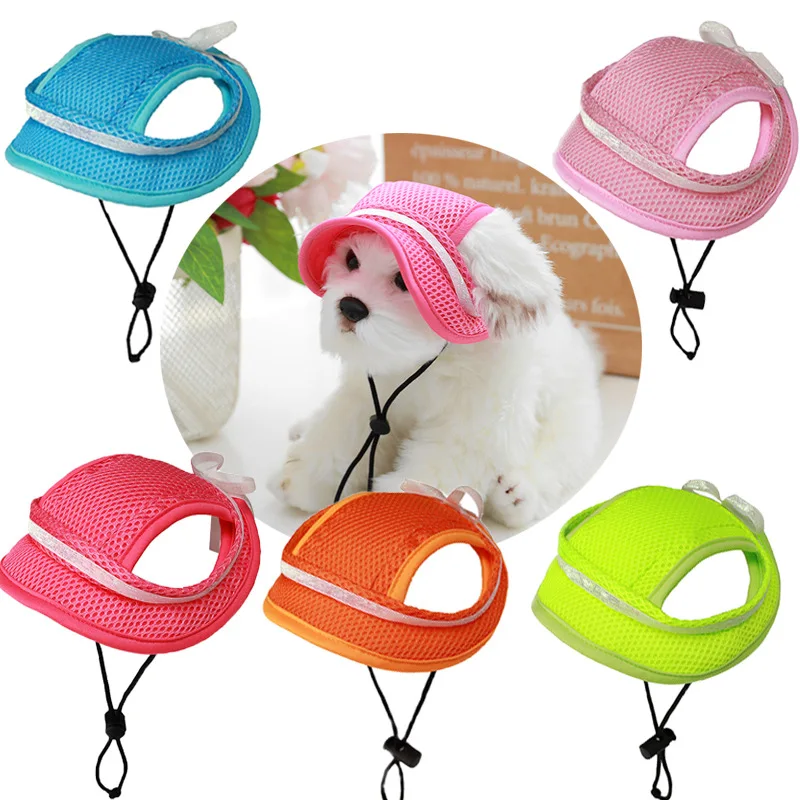 Gorra de béisbol de malla transpirable para perros, con orificios para las orejas, correa ajustable para la barbilla, visera de protección solar para perros pequeños y medianos.