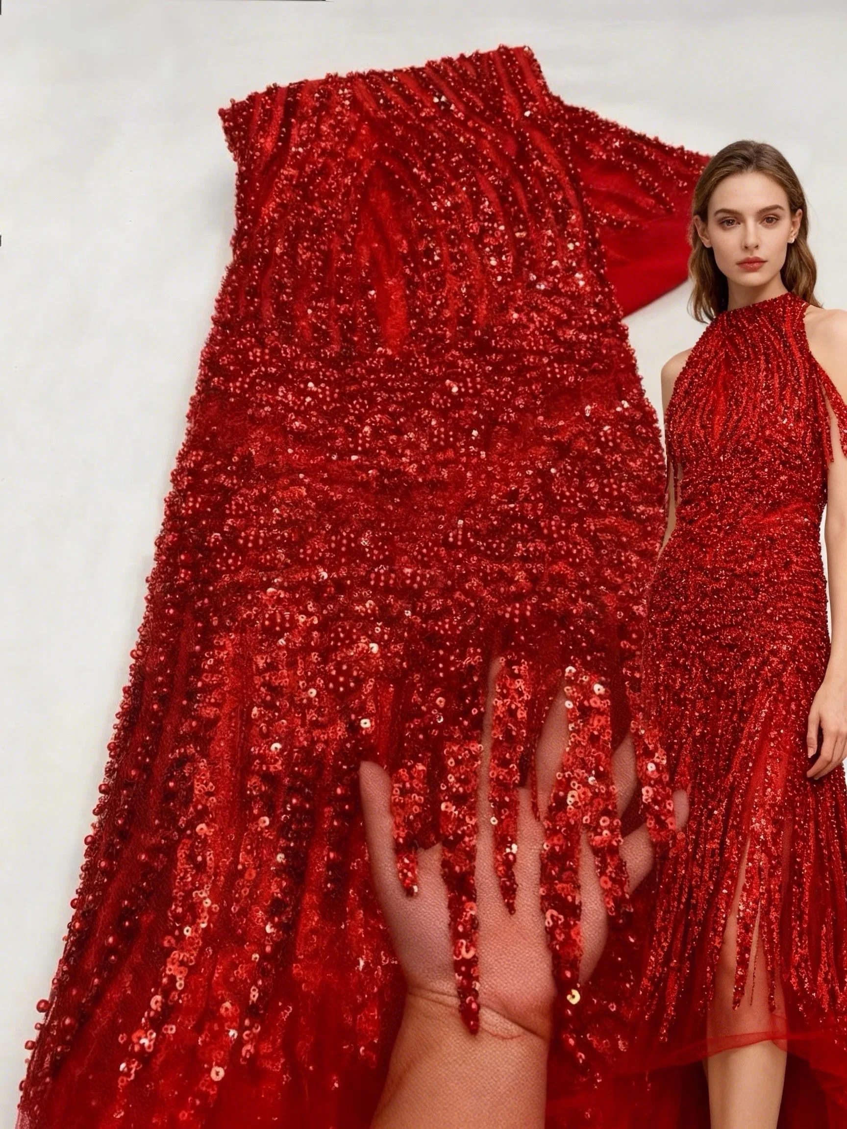 

Красная африканская кружевная ткань 2026, высококачественная французская роскошная тюлевая кружевная ткань с бисером, нигерийская сетка с блестками, кружевная ткань для свадебных платьев