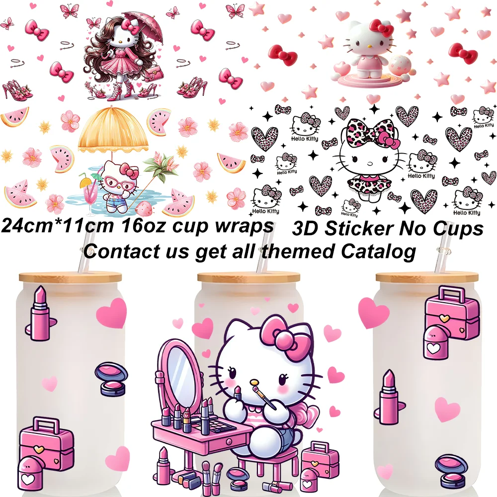 Mixed Pattern Kitty Cat Themed UV DTF 3D Sticker for 16oz Libbey Cup Pinky Design Cup Wraps Waterprof Adhesive 3D Sticker