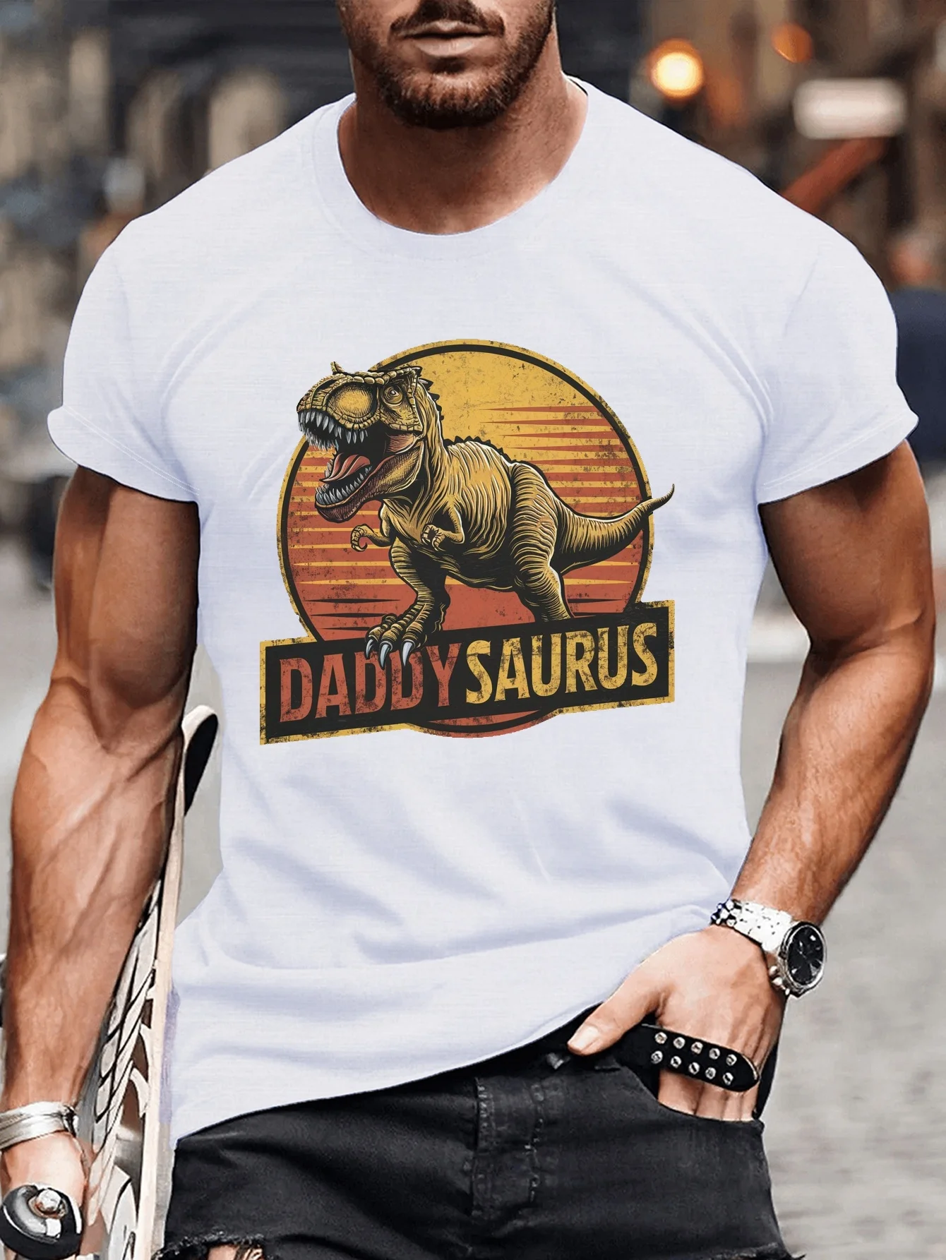 Funny Daddy Saurus Dinosaur Graphic T-Shirt 100% Cotton O-Neck Short Sleeve Summer Casual Mens T-shirt Streetwear
