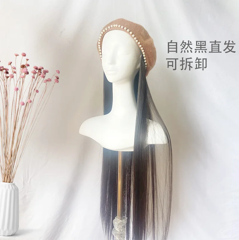 Parrucca Parrucca riccia di lana con cappello a bocciolo di fiore alla moda Stesso stile come quella delle celebrità di Internet Parrucca con cappello staccabile