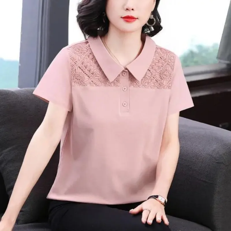Trendy Mature Mom Polo T Shirt Hollow Lace Patchwork Short Sleeve Loose Hide Belly Plus Size Summer Daily Tops S-5XL
