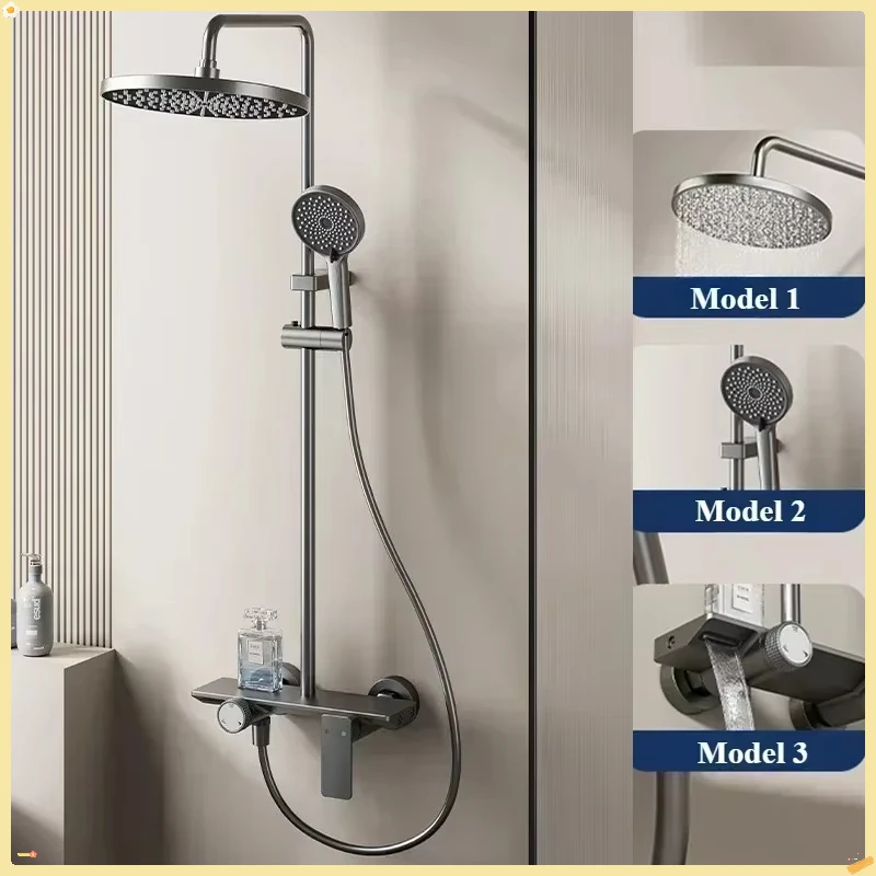 Grey Knob Type Three Ways Water Outlet Shower System Wall Mounted Bathroom Shower Faucet Set Rainlfall Pressurized Shower Set