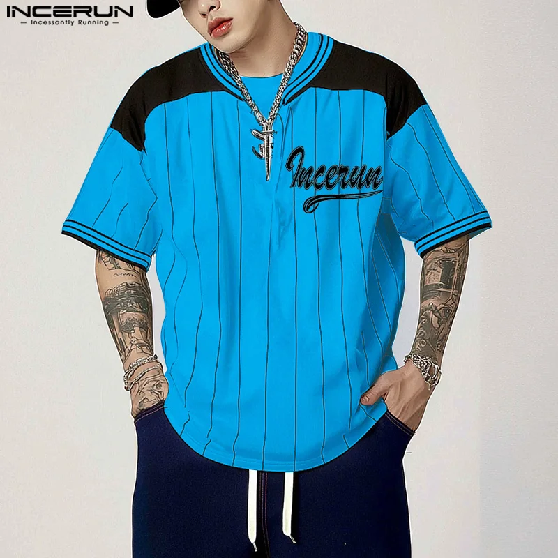 INCERUN topy 2025 casualowe w stylu Streetwear styl amerykański moda męska patchworkowa koszula w kontrastowe paski męska bluzka z długim rękawem S-5XL