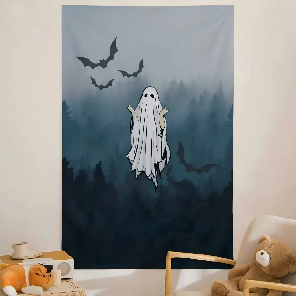 Funny Middle Finger Ghost Tapestry Misty Forest Bat Halloween Spooky Dark Aesthetic Wall Hanging Bedroom Dorm Gothic Room Decor