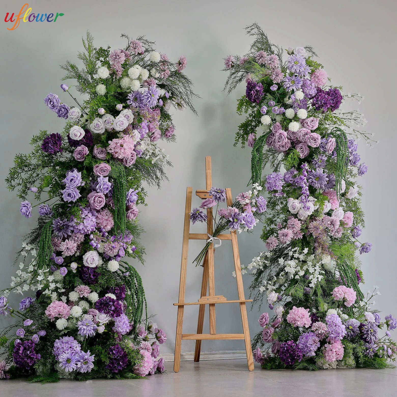 Uflower Lila Rosen-Hortensien Grünpflanzen Hochzeits-Hintergrund Hornbogen-Dekor Arrangement Event-Requisite Blumenständer Schaufenster-Dekoration ﻿