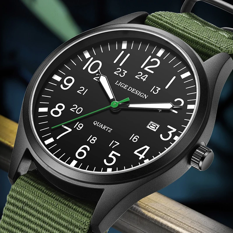 Relógio Militar Masculino LIGE, Relógio de Pulso Casual em Nylon, Quartz, à Prova d'Água, com Mostrador Simples, Relógio Masculino