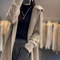 Autunno inverno Cashmere maglione Cardigan giacca Casual addensare lungo Cardigan lavorato a maglia con cappuccio cappotto maglione di lana di grandi dimensioni soprabito