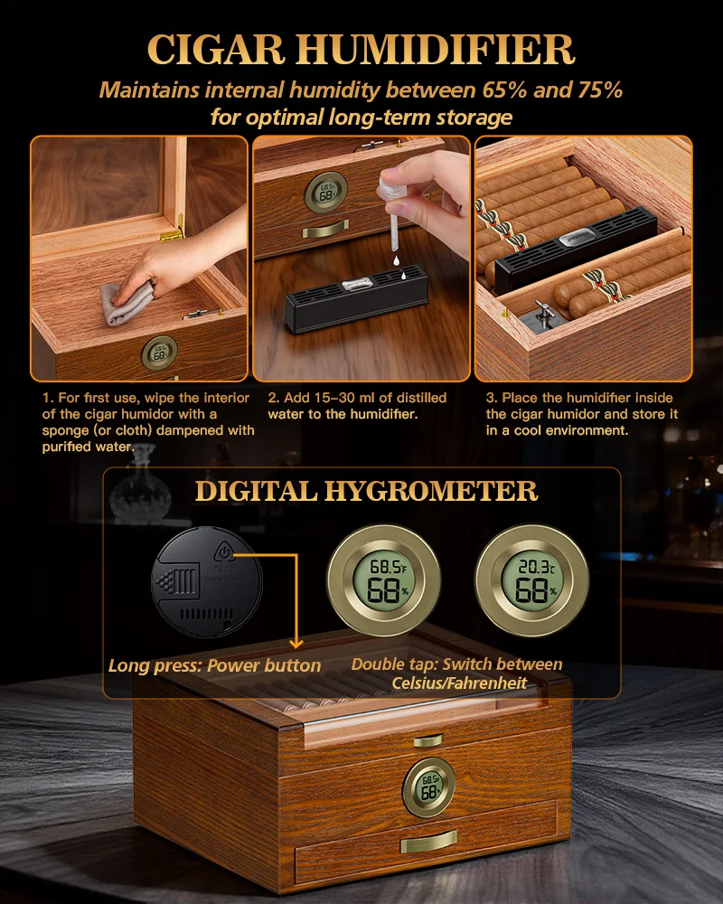 Cigar Humidor with Built-in Music Box System and Cedar Wood Tray-Transparent Top Desktop Humidor,Digital Hygrometer & Humidifier