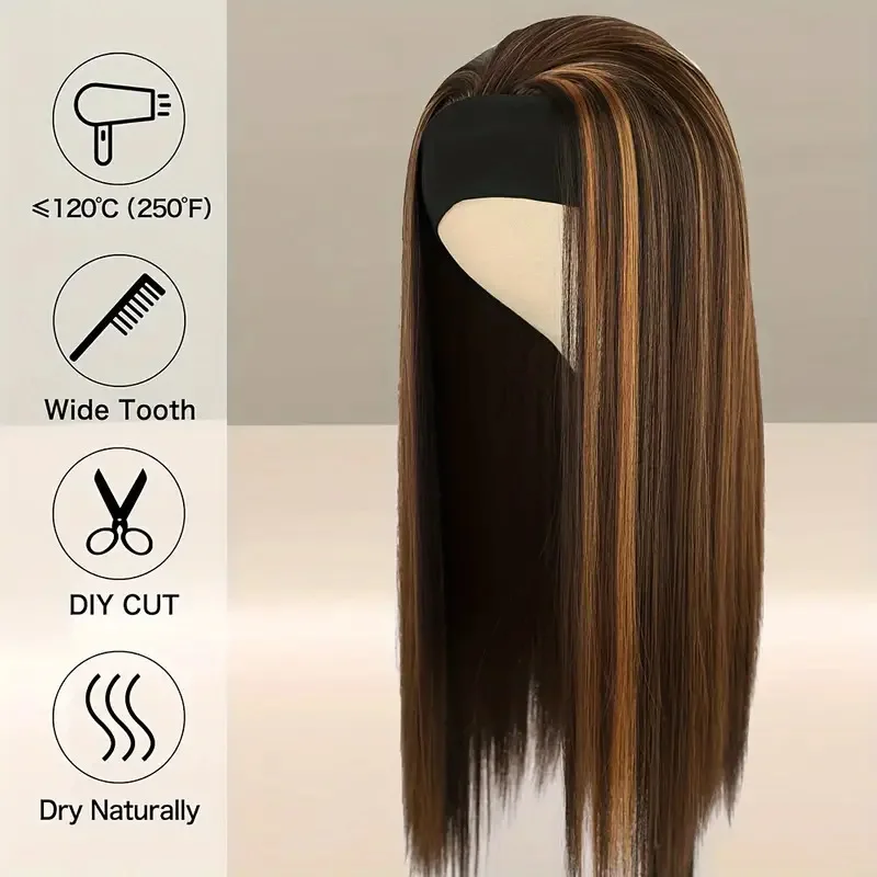 Wig Ice Silk Hair Strap Long Straight Hair Lazy Hair Strap One piece Natural Fashion Brown Gold Mixed Color Women's Head Cover