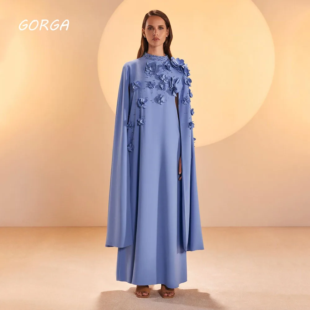 GORGA Simple Blue O-Neck Appliques Crepe A-LINE Prom dress 2024 Slim Long Sleeve Floor-Length Formal Evening Dress